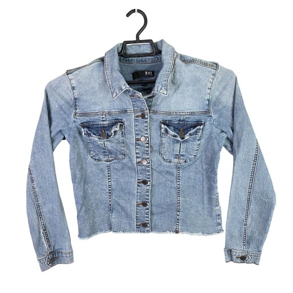 Womens Kut From The Kloth Cropped Blue Denim Jacket Raw Hem Button Up Size L - Picture 1 of 7